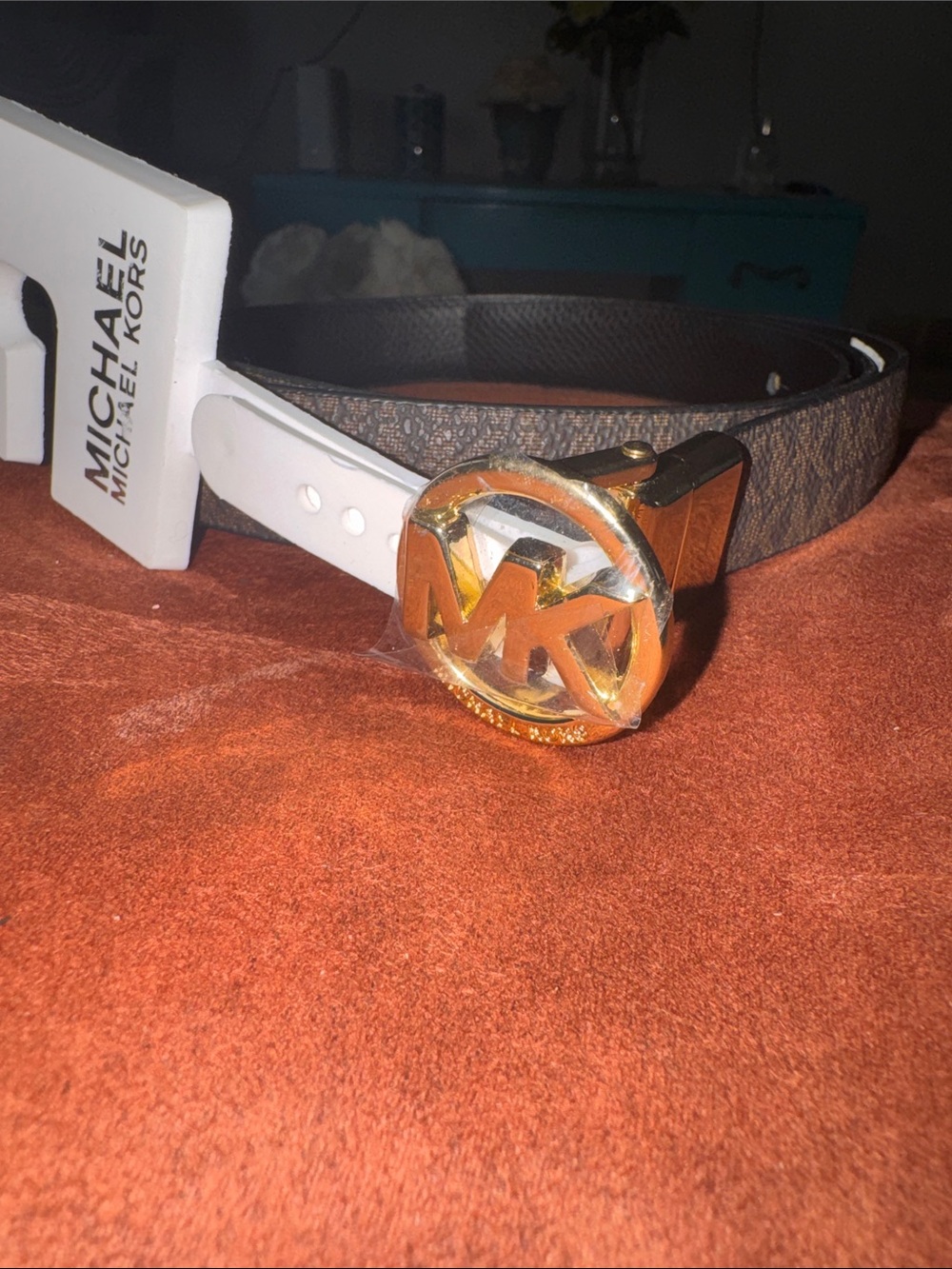 Michael Kors Brown and White Reversible Belt with Gold MK Buckle